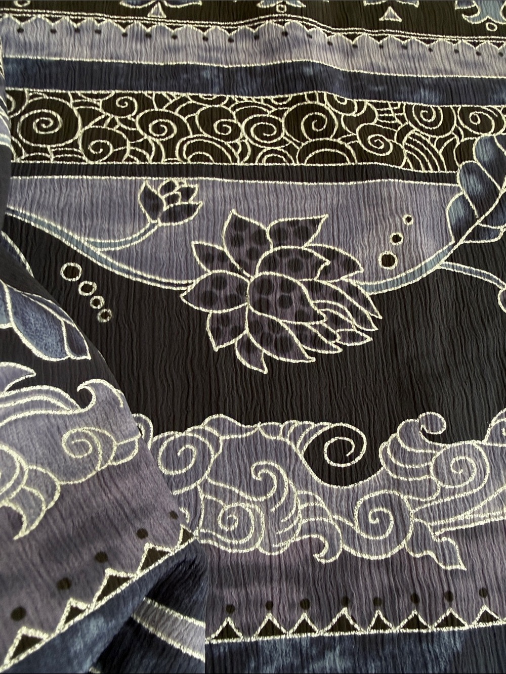 Vintage 1980s Crinkle Crepe Fabric Asian Floral Stripe Black Blue 3 1/3 Yds - Picture 13 of 13